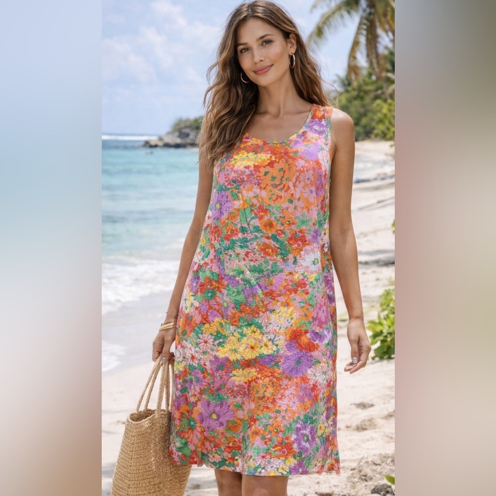 Vtg Jams World Floral Shift Dress Hawaiian Cotton Sleeveless Artsy Boho Y2K XL